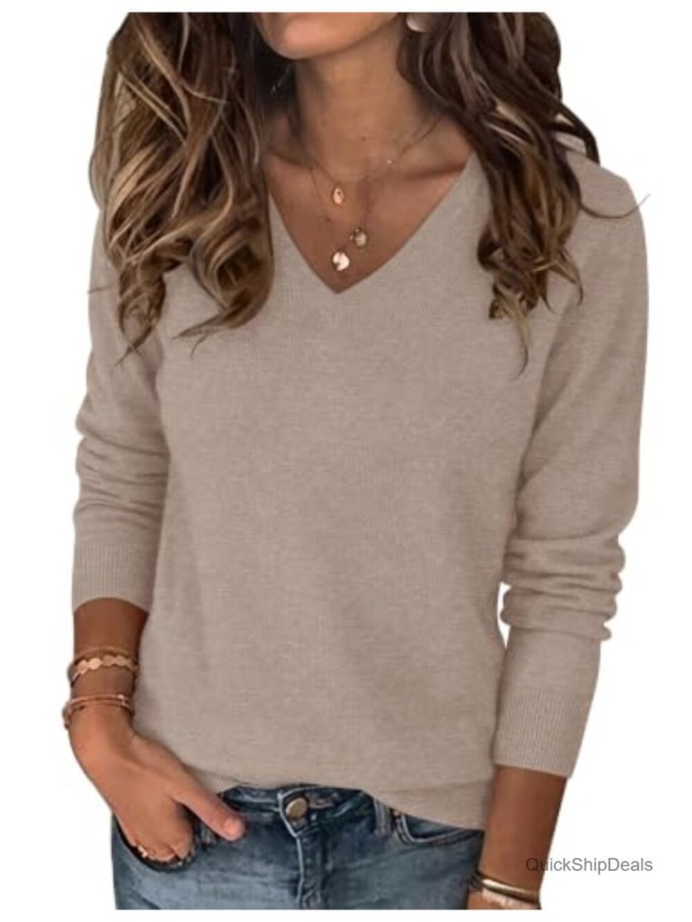Women's Wool Blend V-Neck Knit Pullover Sweater Long Sleeve Fall Winter